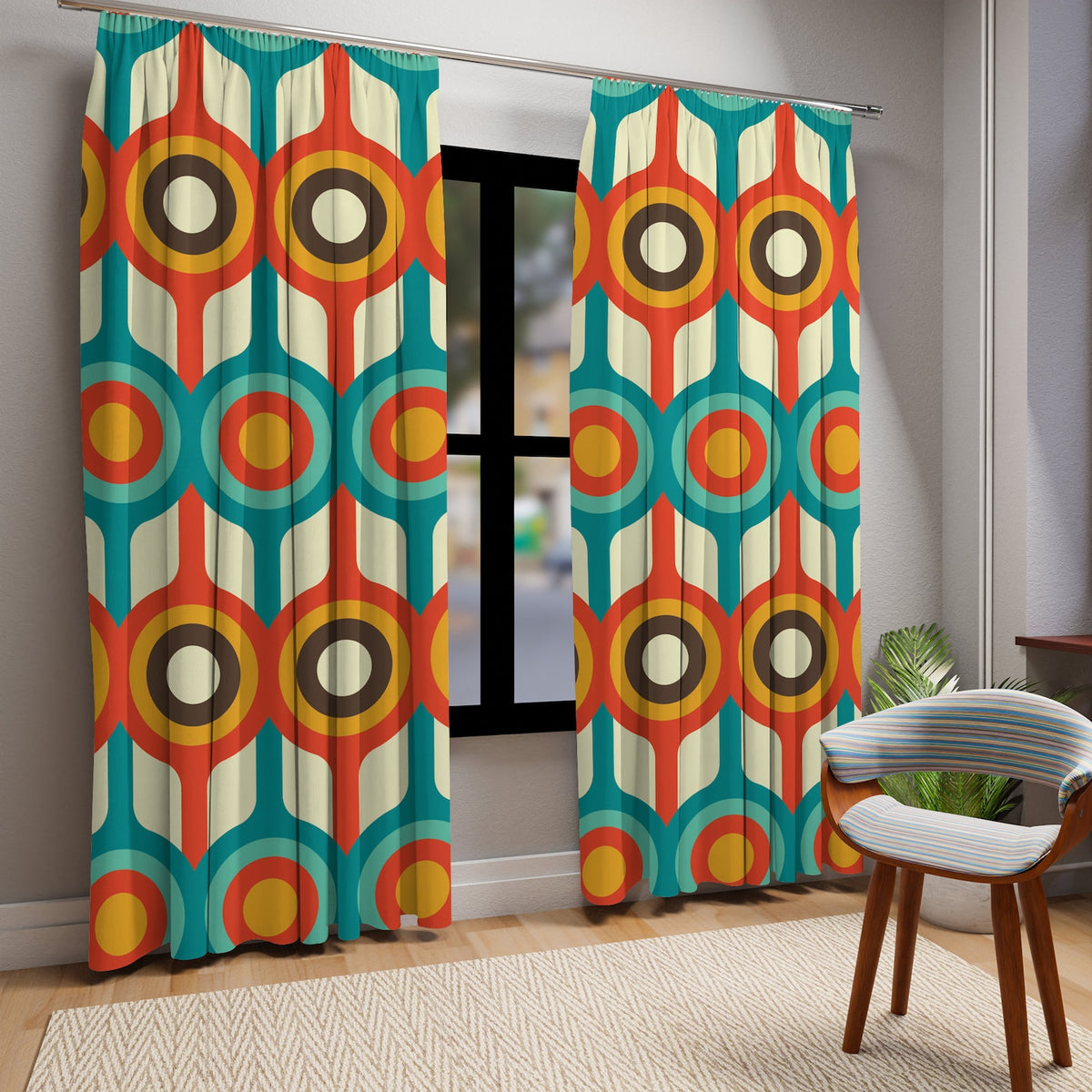 Mid Century Modern, Groovy 70's, Burnt Orange, Teal, Mustard Yellow, Brown, Geometric Retro Mid Century Decor Window Curtains With Bonus - Mid Century Modern Gal