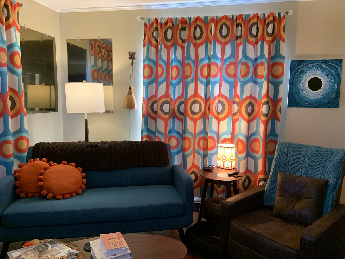 Mid Century Modern, Groovy 70's, Burnt Orange, Teal, Mustard Yellow, Brown, Geometric Retro Mid Century Decor Window Curtains With Bonus - Mid Century Modern Gal