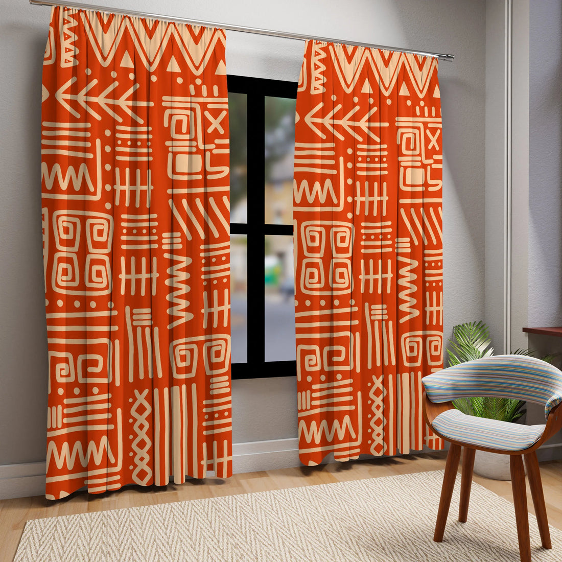 Retro Tiki Home Decor, Dark Orange, Beige, Abstract Art Design, Mid Mod Custom Window Curtains (1 Piece) - Mid Century Modern Gal