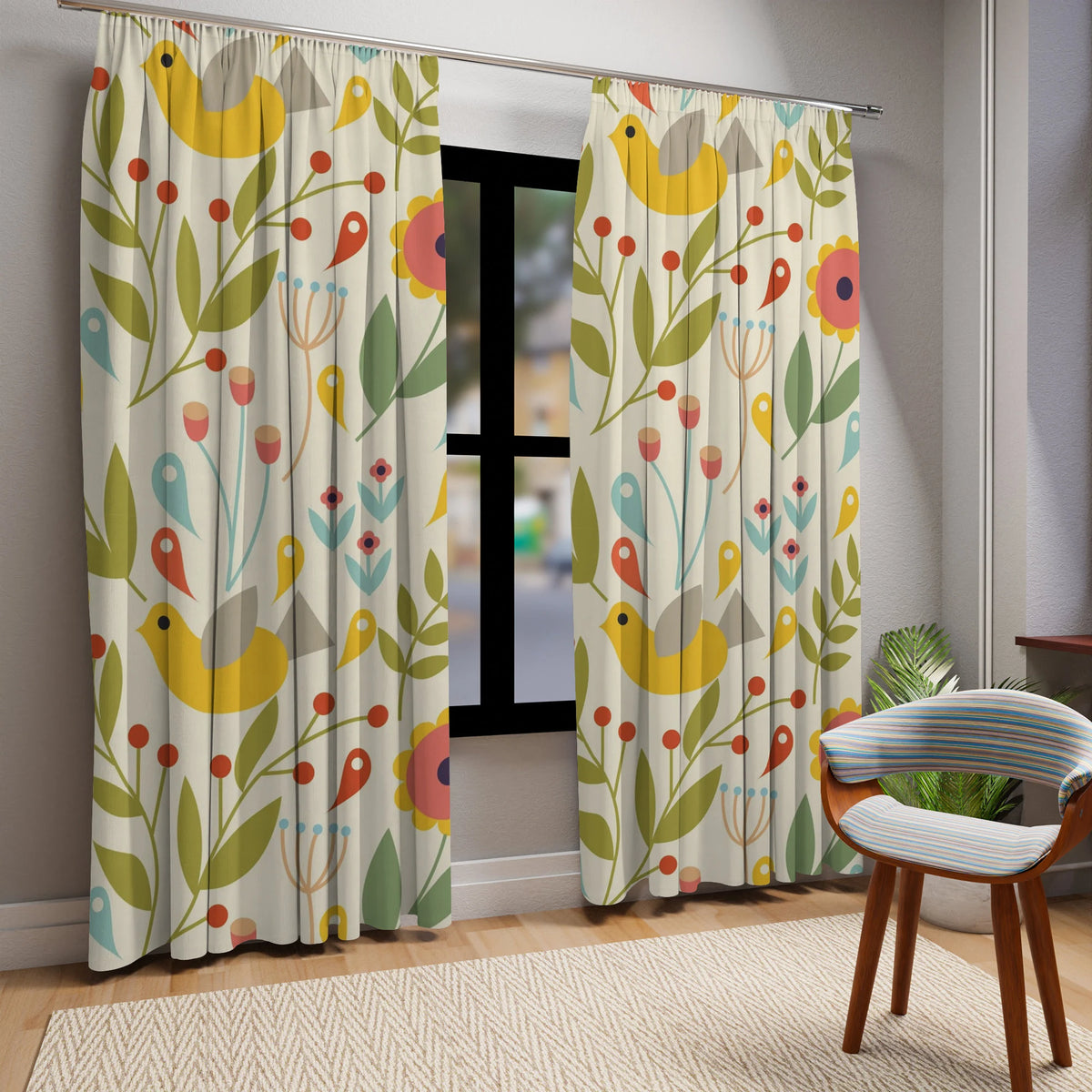 Folk Art, Modern Danish Hygge, Scandinavian, Norwegian, Bird, Floral, Yellow, Orange, Green, Window Curtains (1 Piece) - Mid Century Modern Gal