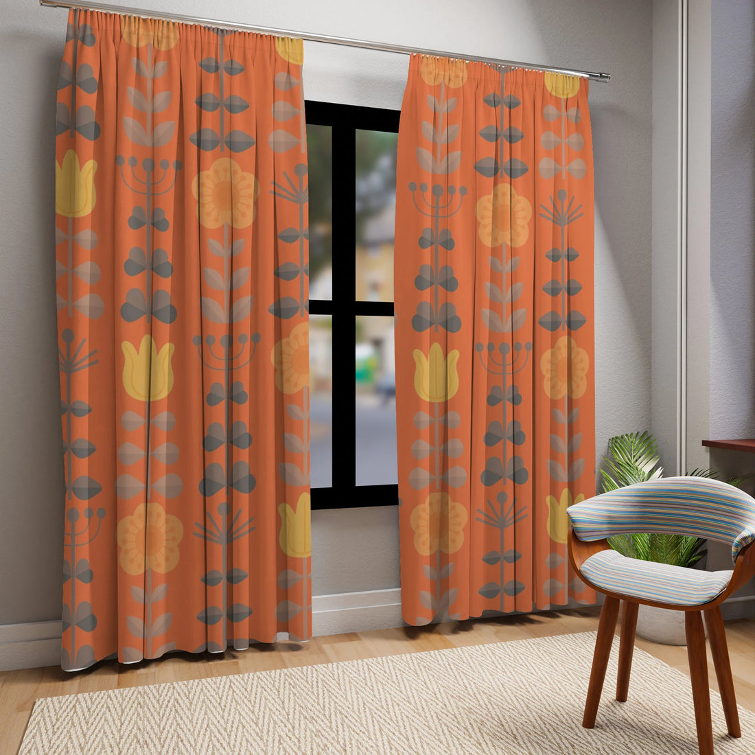 Scandinavian Curtains, Modern Danish, Nordic, Hygge, Orange, Yellow, Retro Folk Art Flowers, Floral Blackout Window Curtains - Mid Century Modern Gal