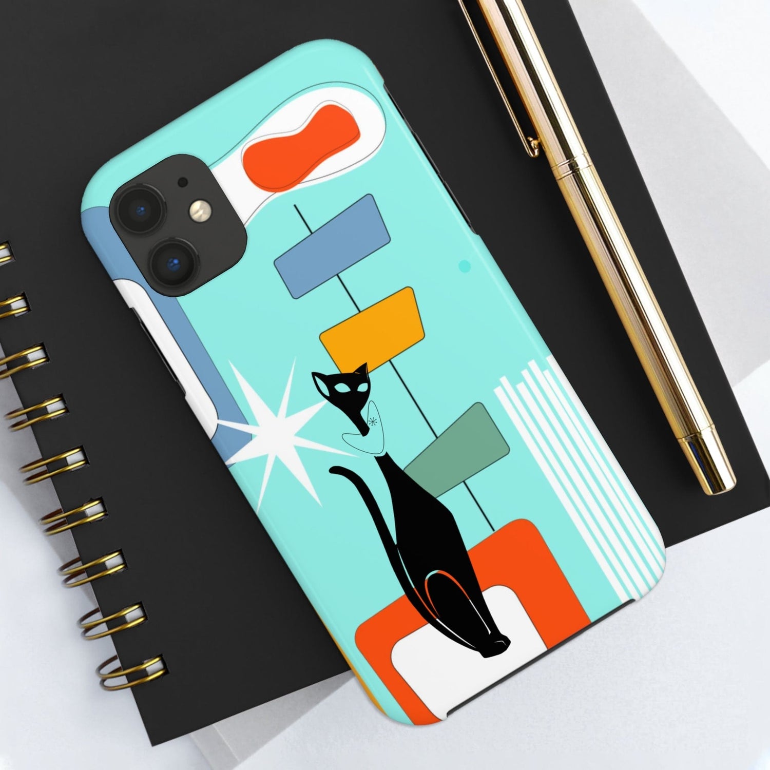 Atomic Cat, Mid Mod, Aqua Blue, Geometric Retro Smart Phone Tough Phone Cases Phone Case iPhone 11