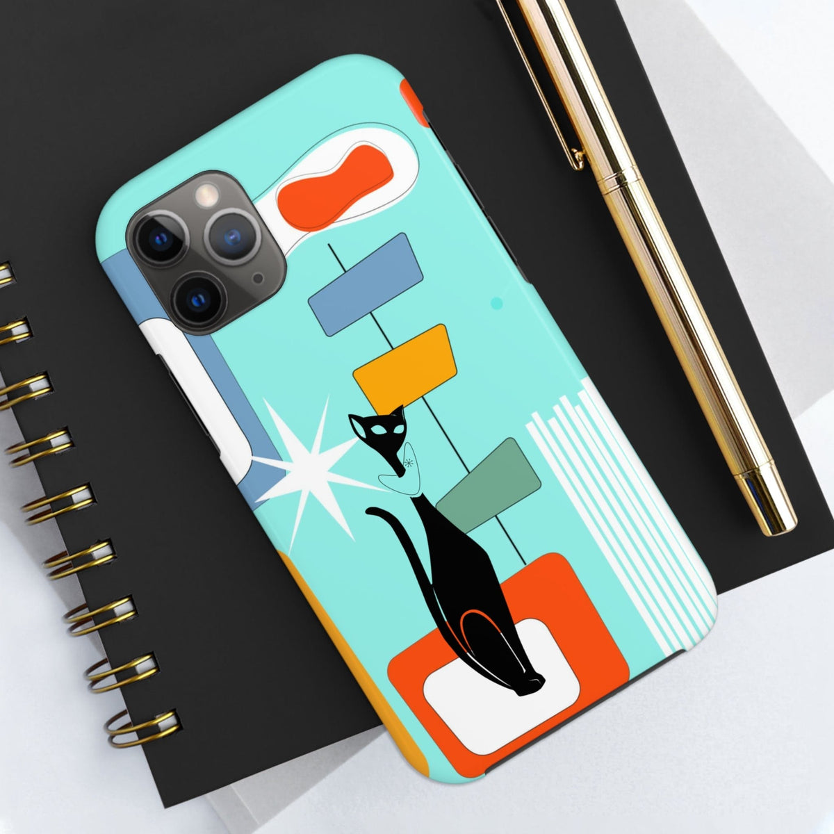 Atomic Cat, Mid Mod, Aqua Blue, Geometric Retro Smart Phone Tough Phone Cases Phone Case iPhone 11 Pro