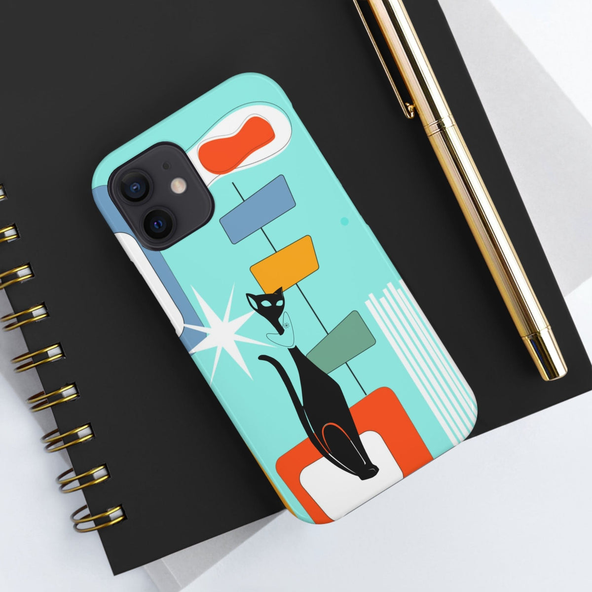 Atomic Cat, Mid Mod, Aqua Blue, Geometric Retro Smart Phone Tough Phone Cases Phone Case iPhone 12 Mini