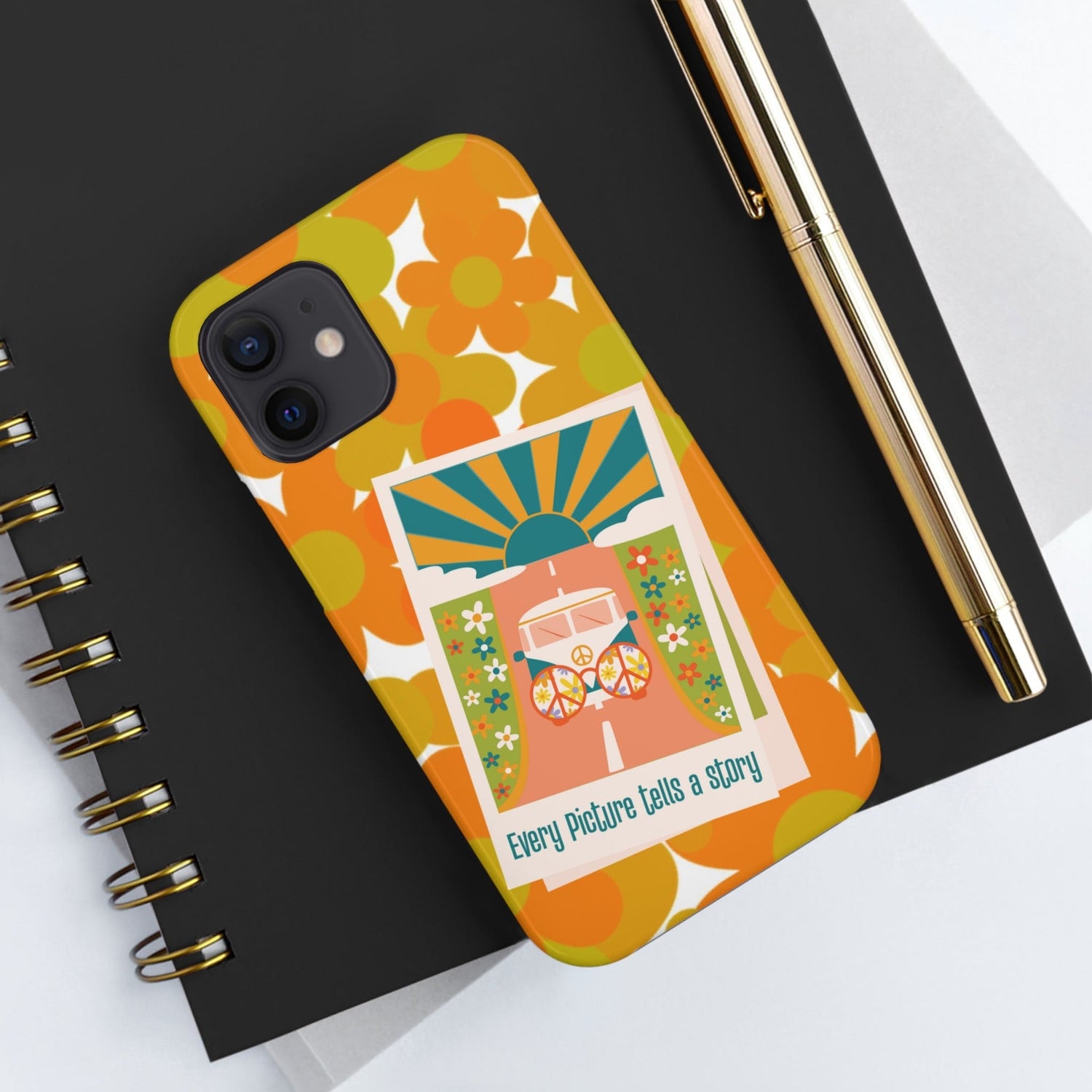 Retro Phone Case, Orange Flower Power, Polariod Picture, Mod Smart Phone Tough Phone Cases Phone Case iPhone 12 Mini