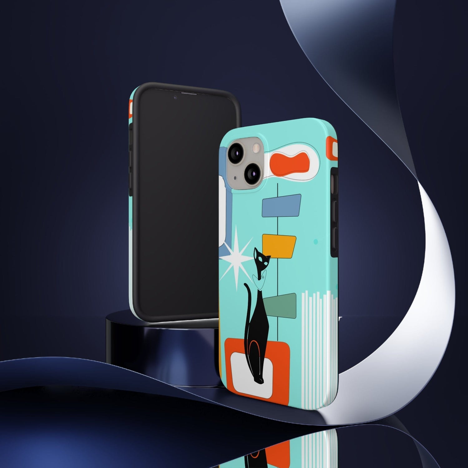 Atomic Cat, Mid Mod, Aqua Blue, Geometric Retro Smart Phone Tough Phone Cases Phone Case iPhone 13