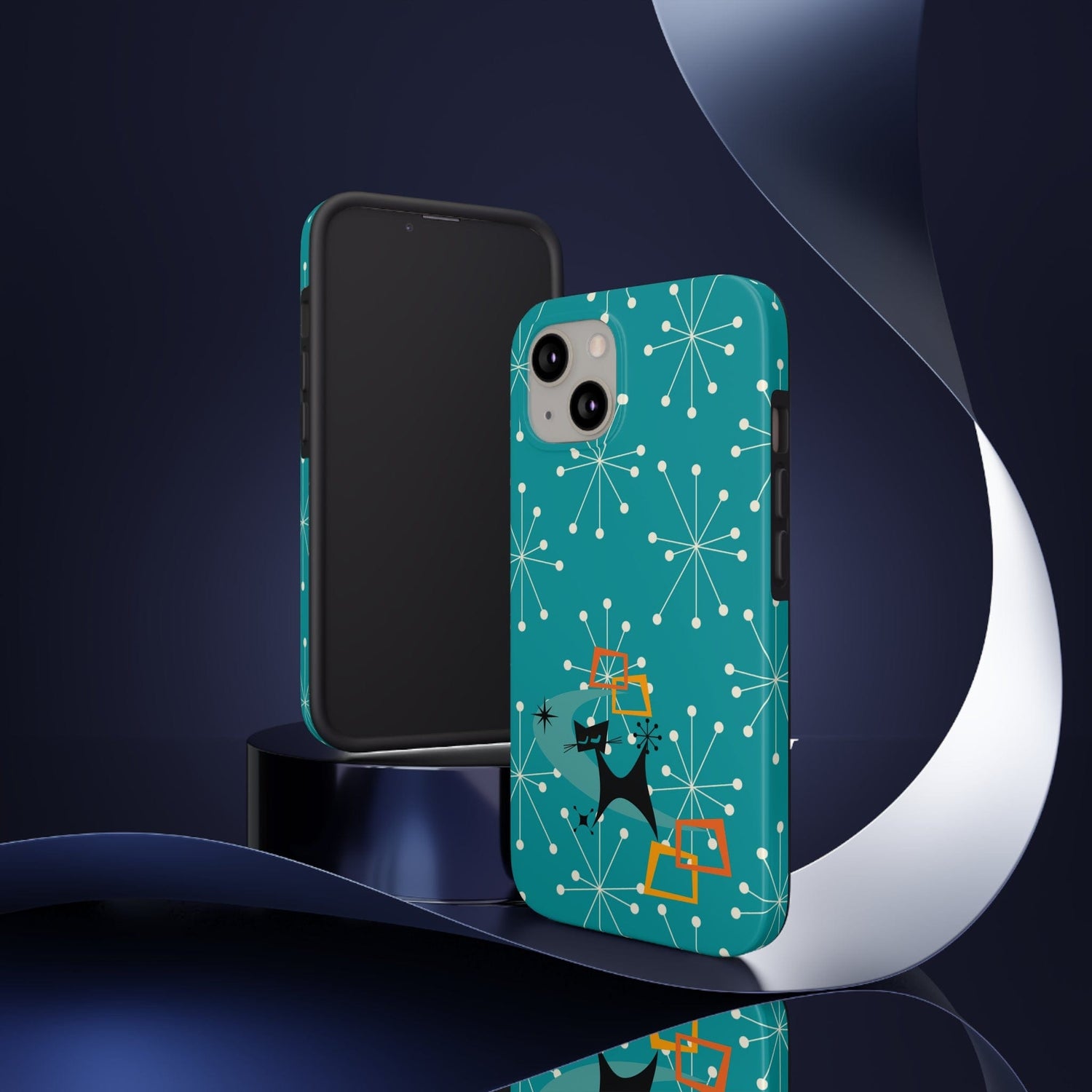 Atomic Space Cat, Starburst Blue, Retro Groovy Smart Phone Tough Phone Cases Phone Case iPhone 13