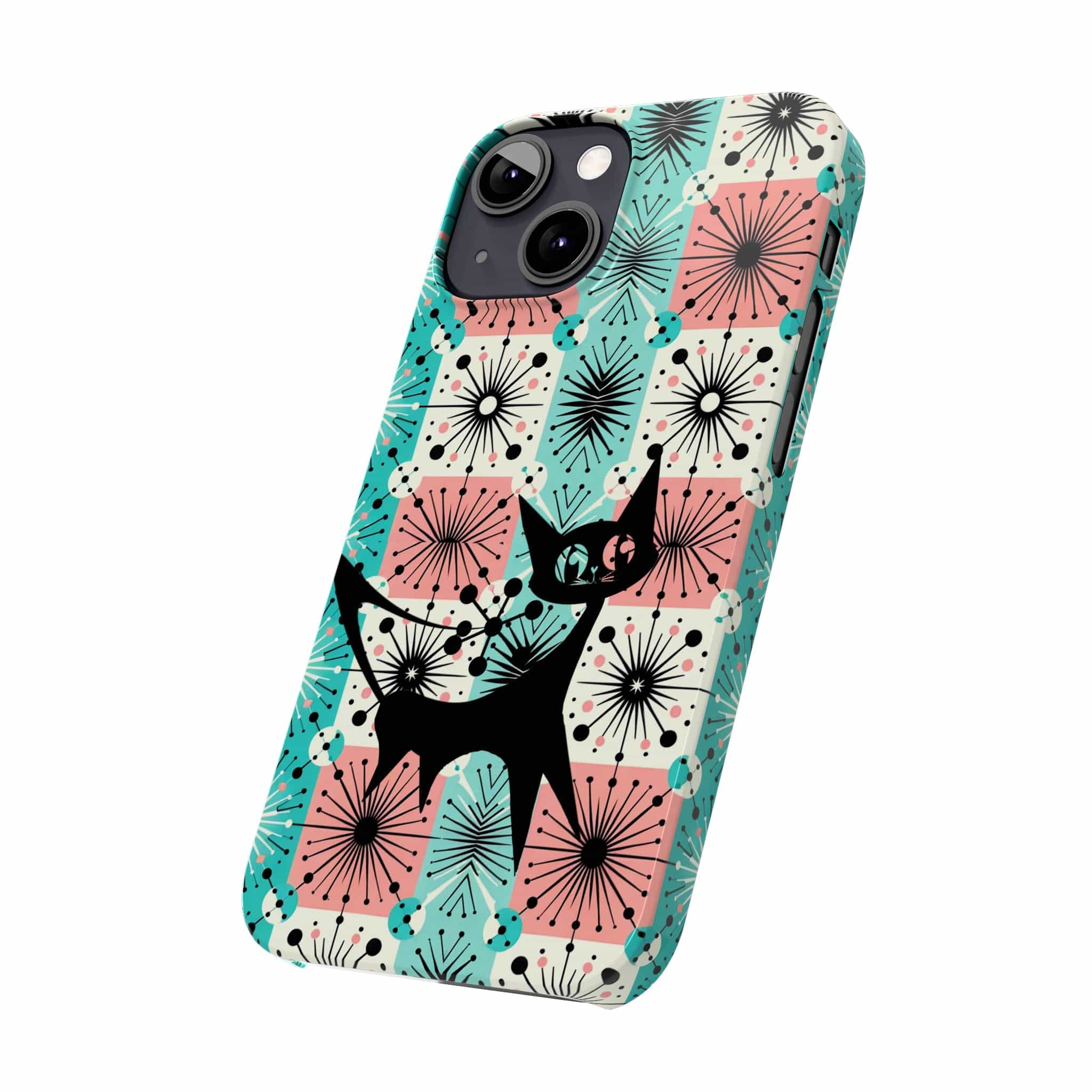 Atomic Kitschy Cat, Mid Century Modern Pink, Aqua Starbursts, iPhone 15 And More Slim Phone Cases Phone Case iPhone 13 Mini
