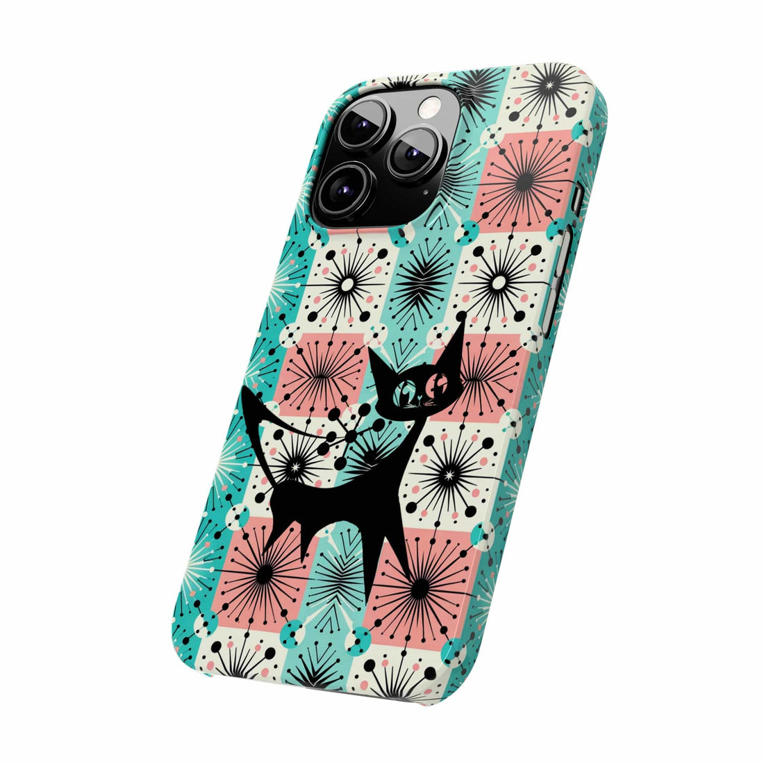 Atomic Kitschy Cat, Mid Century Modern Pink, Aqua Starbursts, iPhone 15 And More Slim Phone Cases Phone Case iPhone 13 Pro