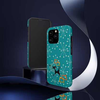 Atomic Space Cat, Starburst Blue, Retro Groovy Smart Phone Tough Phone Cases Phone Case iPhone 13 Pro