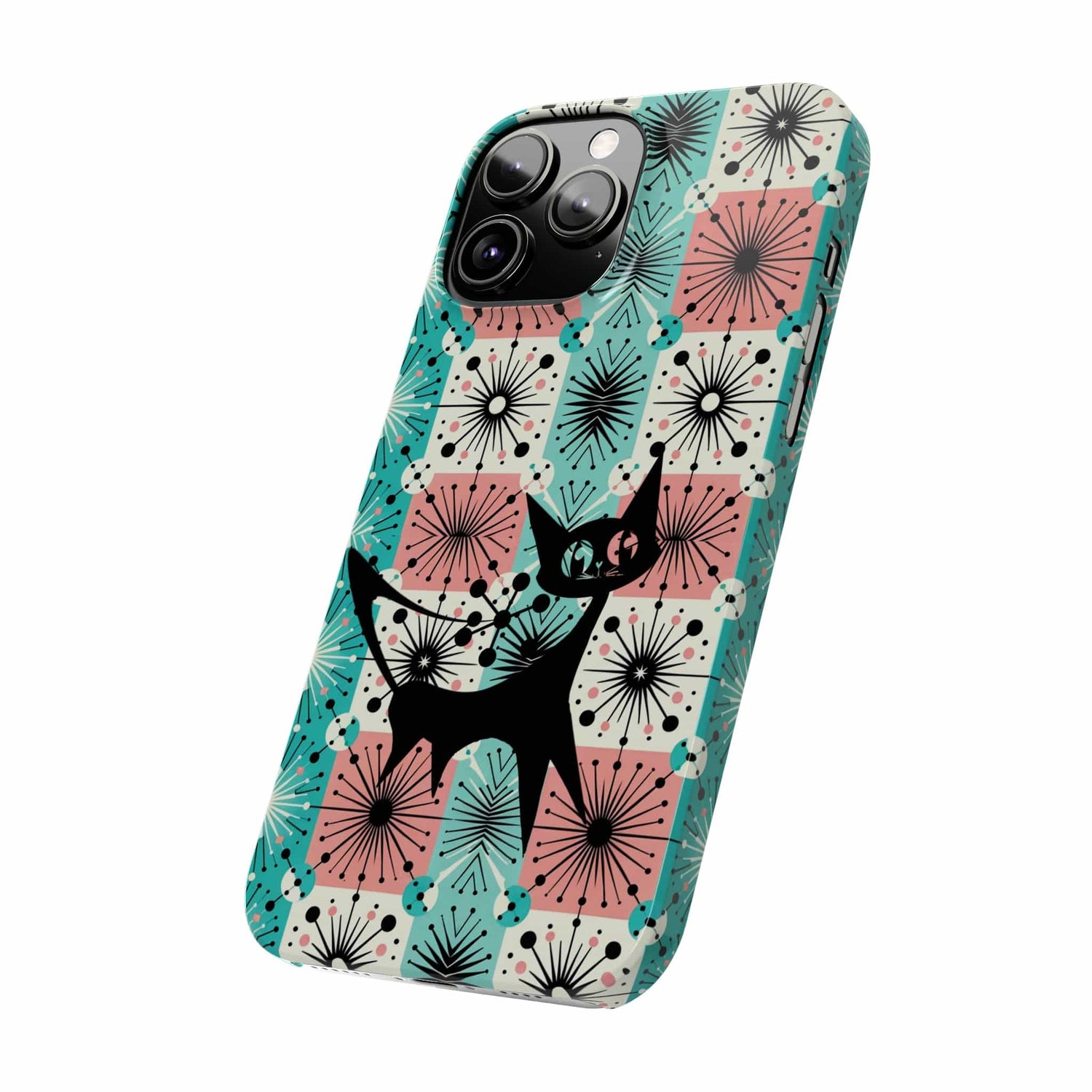 Atomic Kitschy Cat, Mid Century Modern Pink, Aqua Starbursts, iPhone 15 And More Slim Phone Cases Phone Case iPhone 13 Pro Max