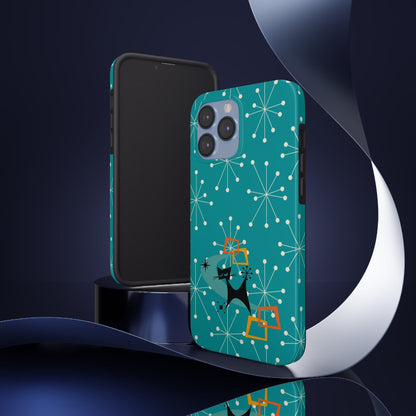 Atomic Space Cat, Starburst Blue, Retro Groovy Smart Phone Tough Phone Cases Phone Case iPhone 13 Pro Max