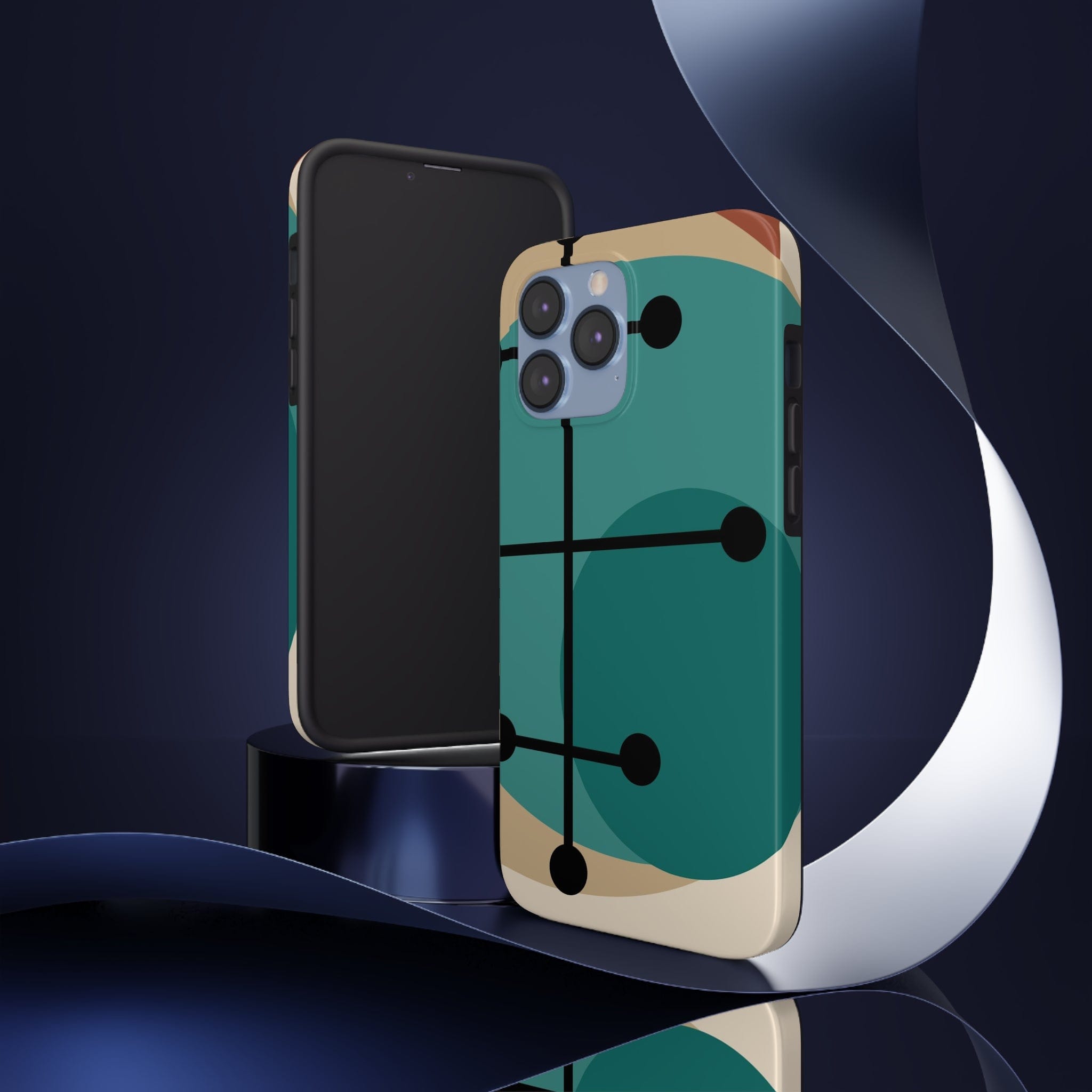 Mid Century Mod, Geometric, Retro Beige Teal Blue, Smart Phones Tough Phone Cases Phone Case iPhone 13 Pro Max