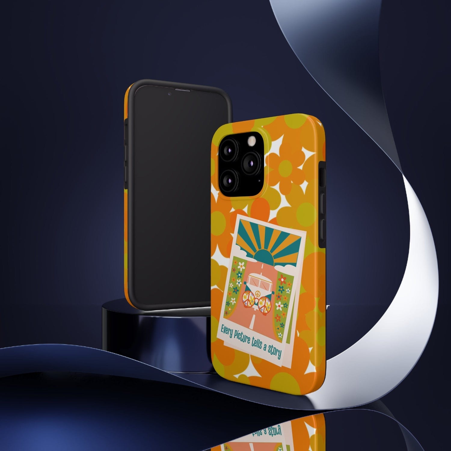 Retro Phone Case, Orange Flower Power, Polariod Picture, Mod Smart Phone Tough Phone Cases Phone Case iPhone 13 Pro