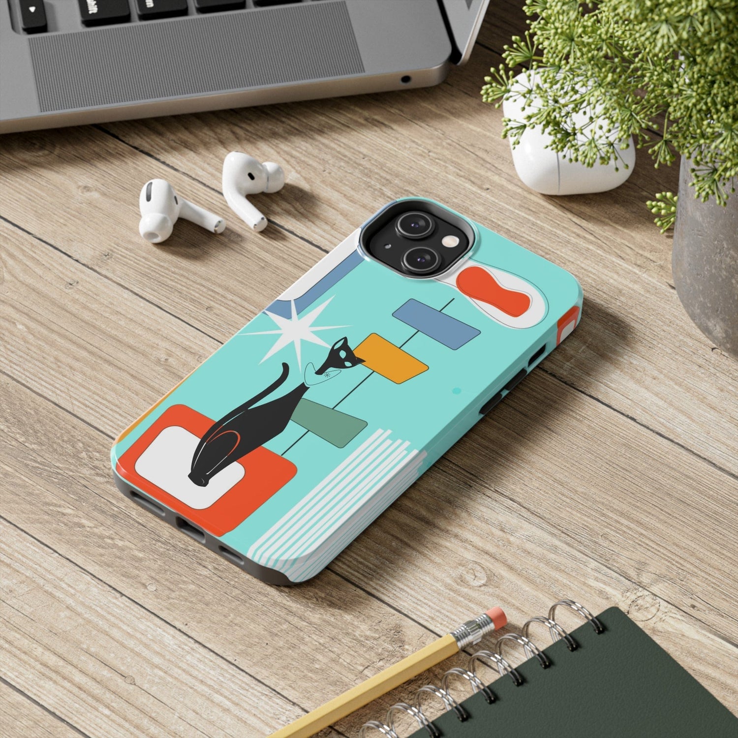 Atomic Cat, Mid Mod, Aqua Blue, Geometric Retro Smart Phone Tough Phone Cases Phone Case iPhone 14 Plus