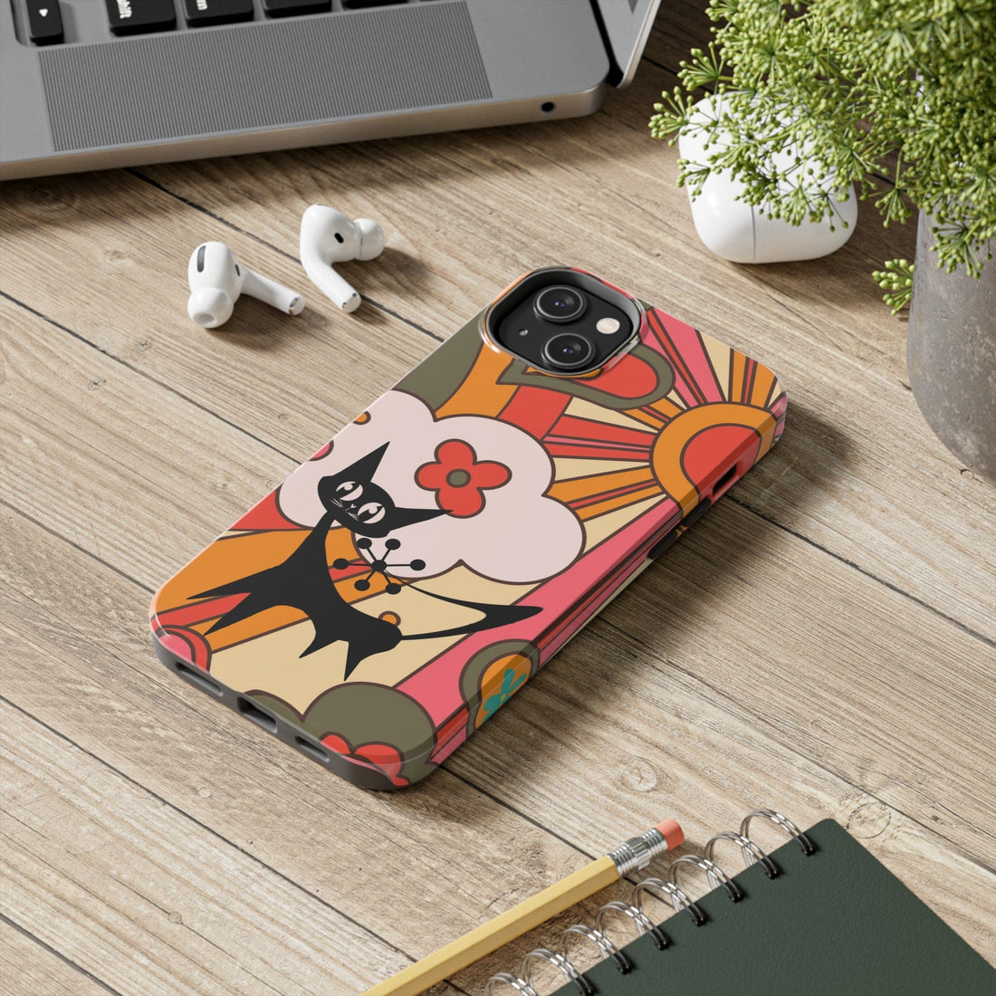Atomic Cat, Retro Sunburst, Groovy Mod Smart Phone Tough Phone Cases Phone Case iPhone 14 Plus