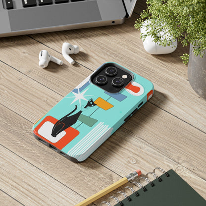 Atomic Cat, Mid Mod, Aqua Blue, Geometric Retro Smart Phone Tough Phone Cases Phone Case iPhone 14 Pro