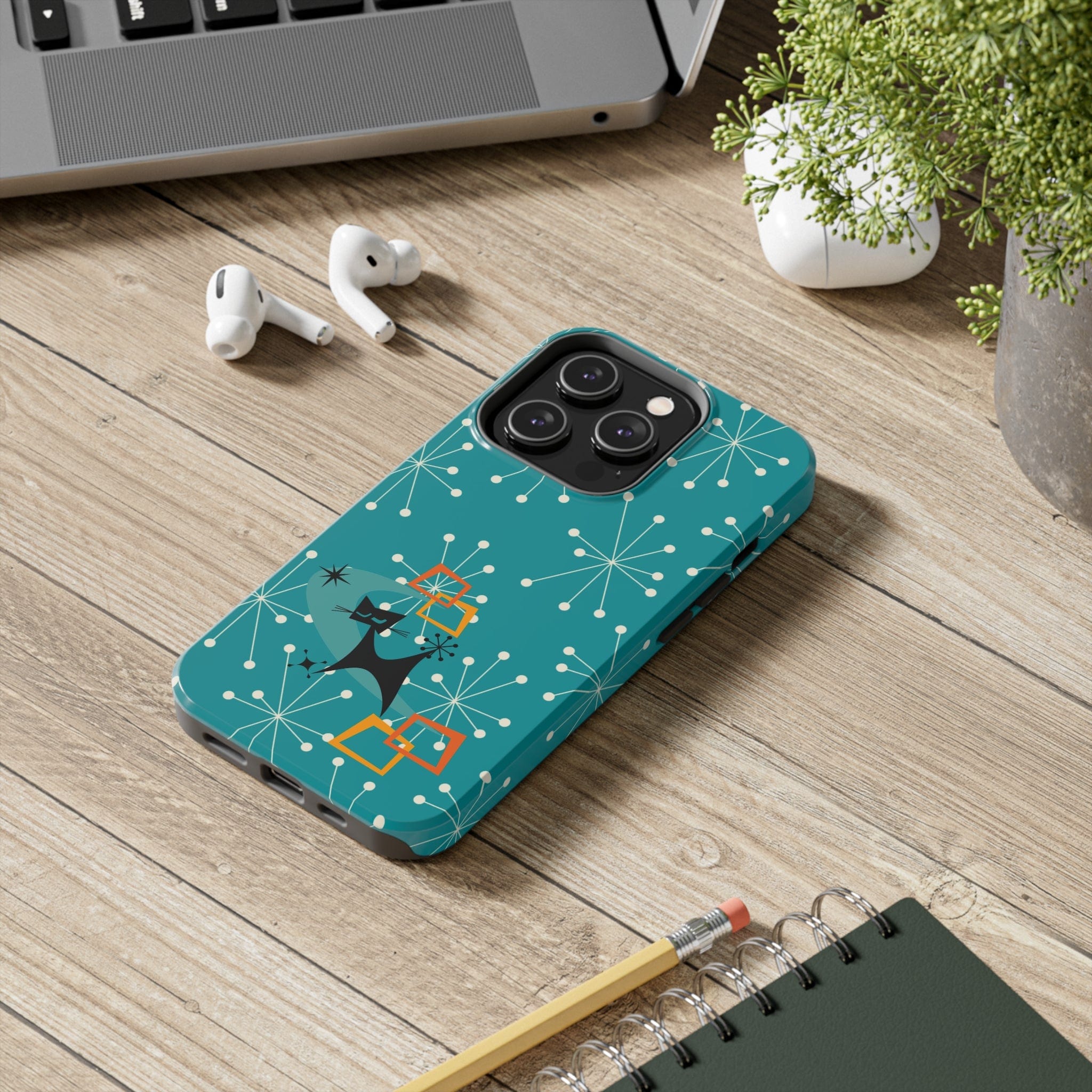 Atomic Space Cat, Starburst Blue, Retro Groovy Smart Phone Tough Phone Cases Phone Case iPhone 14 Pro