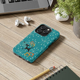 Atomic Space Cat, Starburst Blue, Retro Groovy Smart Phone Tough Phone Cases Phone Case iPhone 14 Pro Mid Century Modern Gal