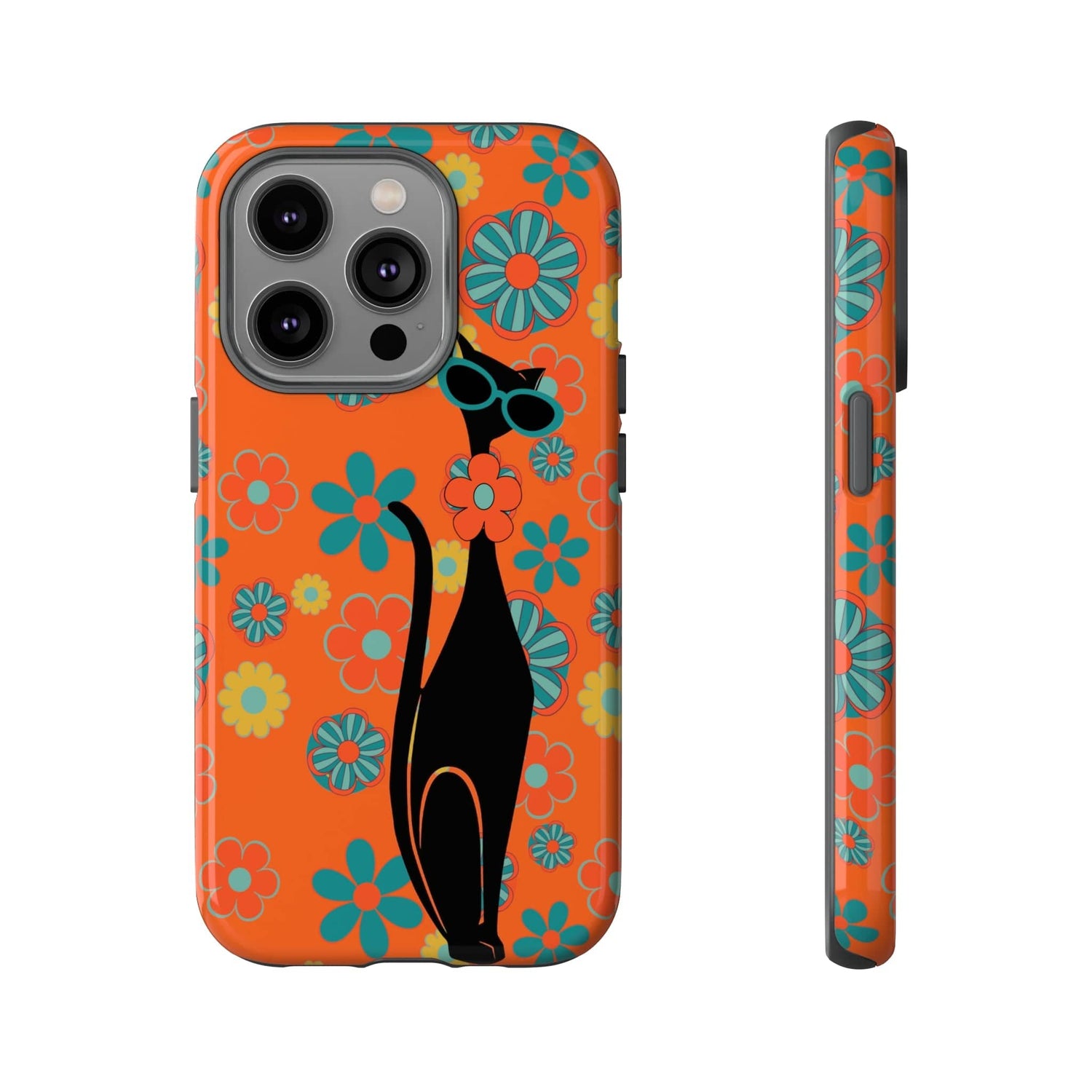Flower Power, Retro Groovy Atomic Cat, Hipster Style Orange Samsung Galaxy and Google Pixel Tough Cases Phone Case iPhone 14 Pro / Glossy