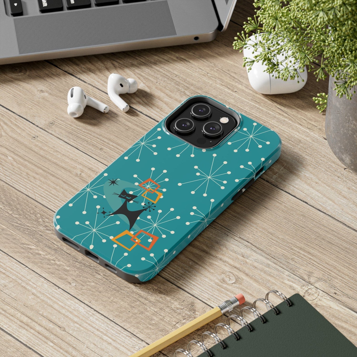 Atomic Space Cat, Starburst Blue, Retro Groovy Smart Phone Tough Phone Cases Phone Case iPhone 14 Pro Max