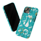 Atomic Cat Space Designs, Mid Century Modern, Aqua, White Kitschy Cat, Smart Phones New iPhone15 Model, Slim Phone Cases Phone Case iPhone 15