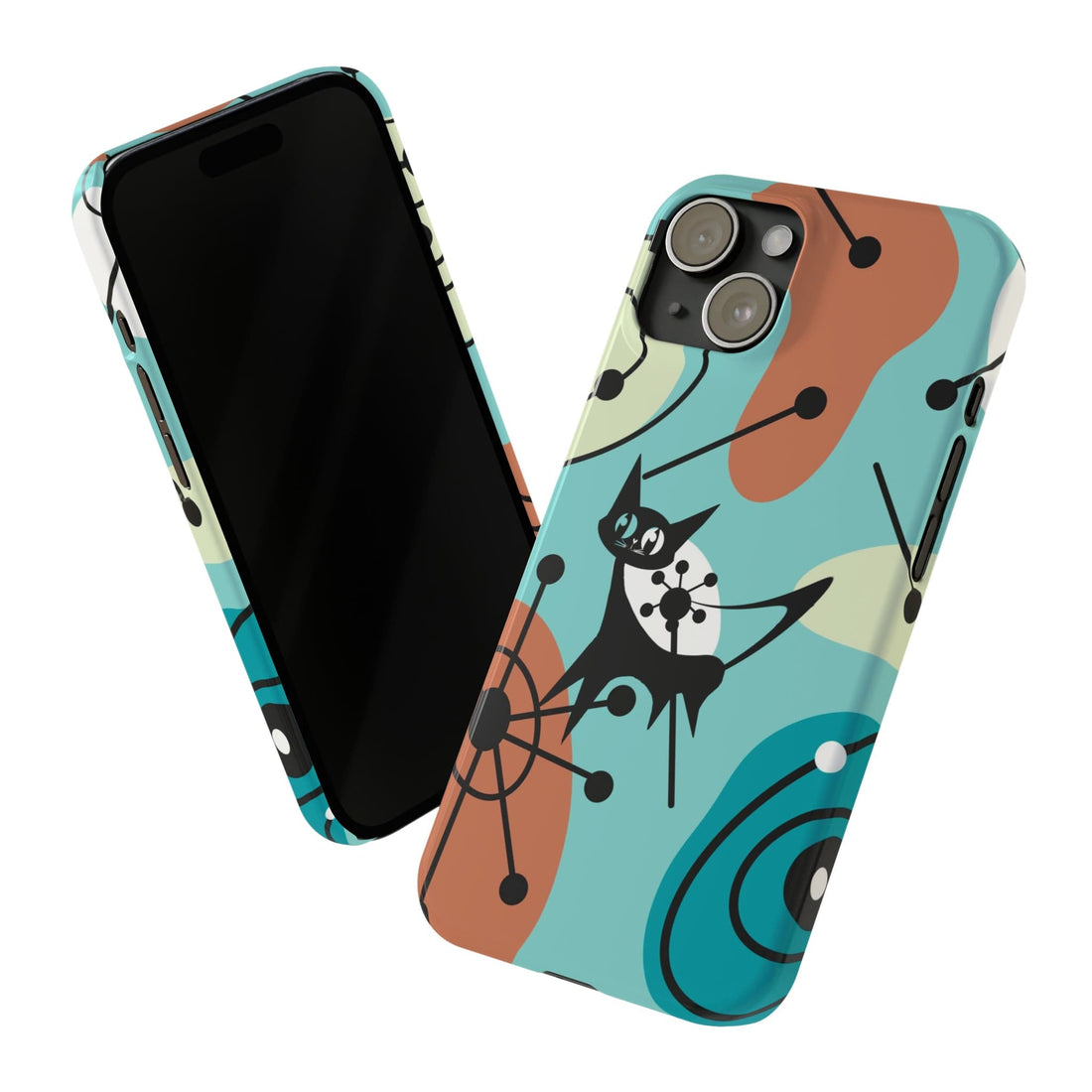 Atomic Kittie, Mid Century Mod Amoeba Aqua Starburst,  New iPhone 15 Slim Phone Cases Phone Case iPhone 15