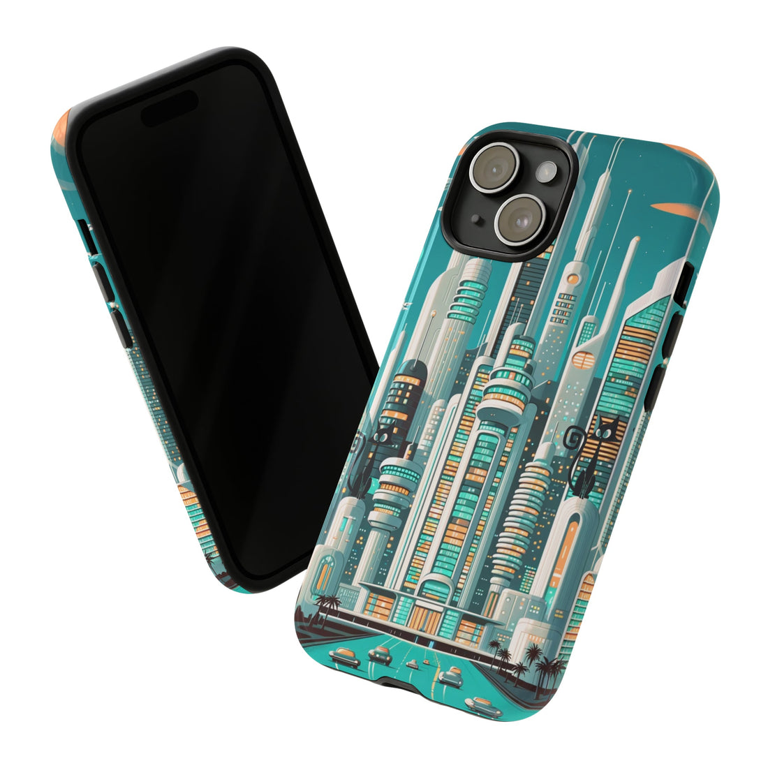 Sci-Fi Atomic Cat City, Mid Century Modern Phone Tough Cases Phone Case iPhone 15 / Glossy