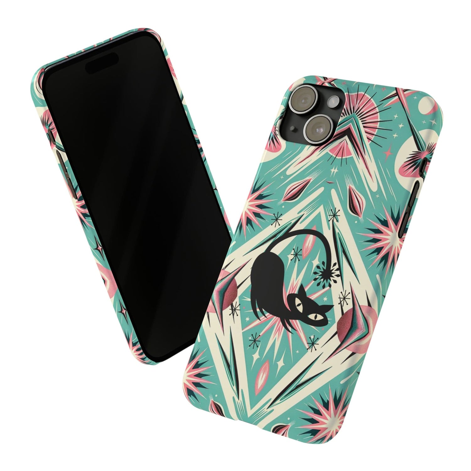 Atomic Cat, Mid Century Modern Aqua Blue, Pink, Starbursts iPhone 15 Models And More Slim Phone Cases Phone Case iPhone 15 Plus