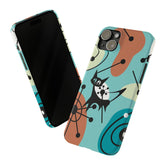 Atomic Kittie, Mid Century Mod Amoeba Aqua Starburst,  New iPhone 15 Slim Phone Cases Phone Case iPhone 15 Plus Mid Century Modern Gal