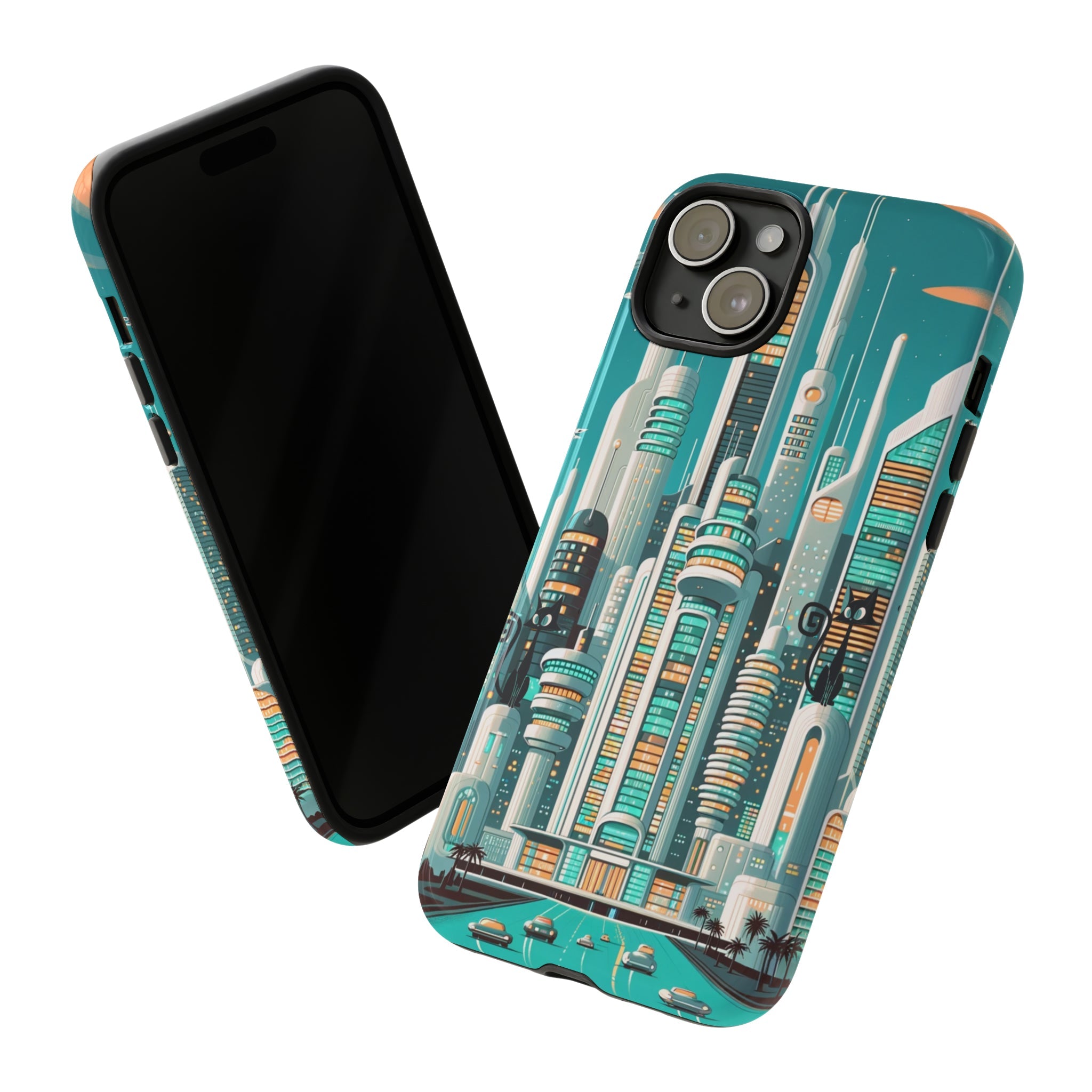 Sci-Fi Atomic Cat City, Mid Century Modern Phone Tough Cases Phone Case iPhone 15 Plus / Glossy