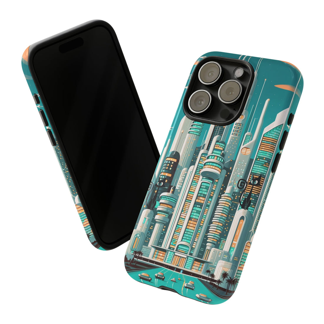 Sci-Fi Atomic Cat City, Mid Century Modern Phone Tough Cases Phone Case iPhone 15 Pro / Glossy