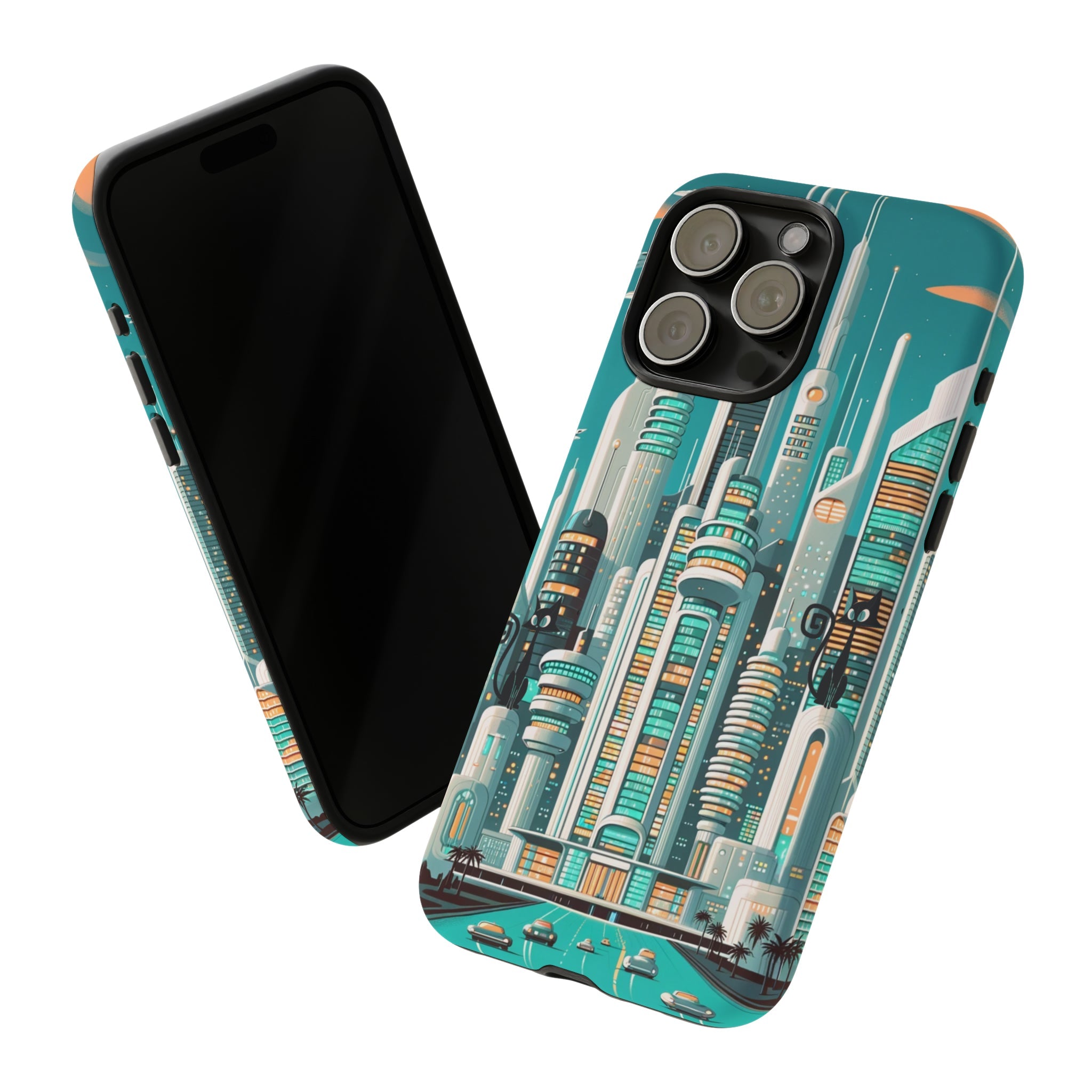 Sci-Fi Atomic Cat City, Mid Century Modern Phone Tough Cases Phone Case iPhone 15 Pro Max / Matte