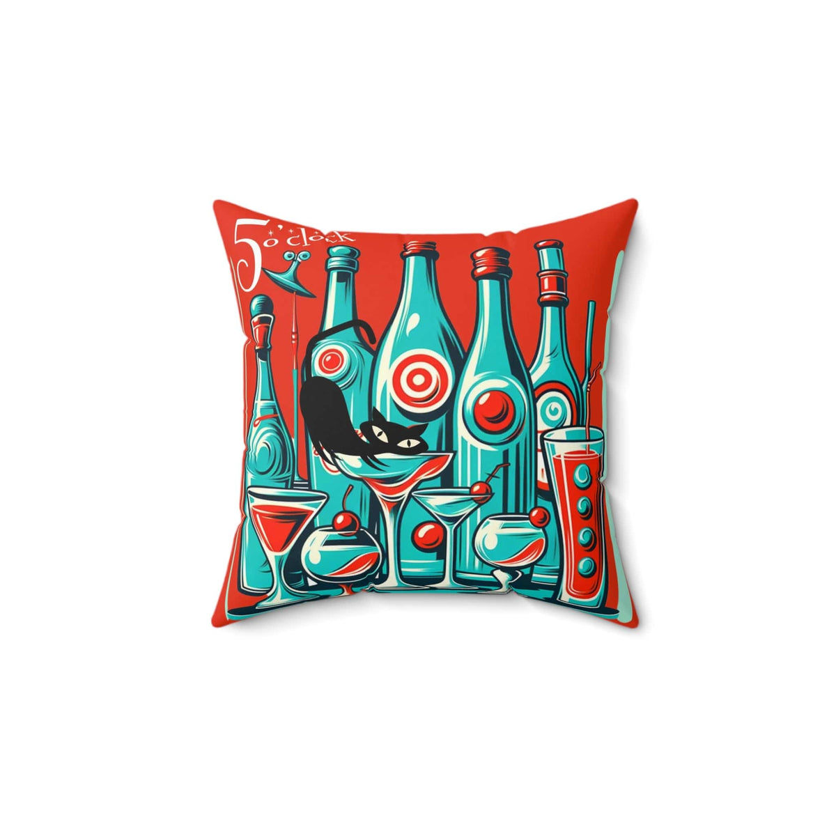 It's 5'oclock Somewhere, Mid Century Modern 50s, 60s Cocktail Party, Red, Aqua Pillow And Insert With Atomic Cat Home Decor