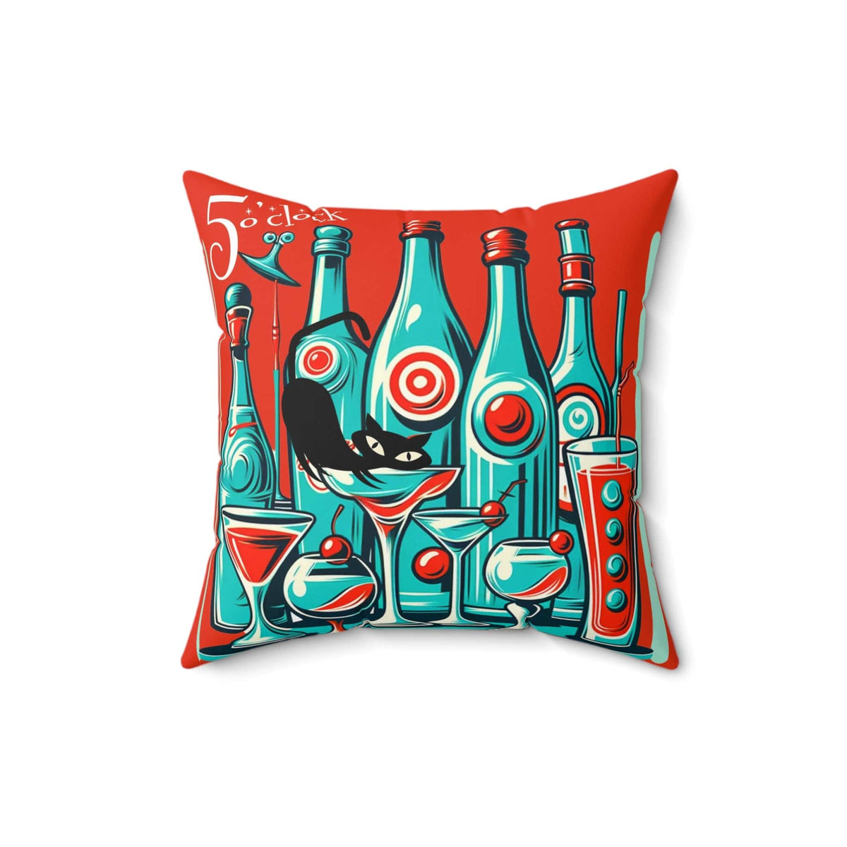 It's 5'oclock Somewhere, Mid Century Modern 50s, 60s Cocktail Party, Red, Aqua Pillow And Insert With Atomic Cat Home Decor