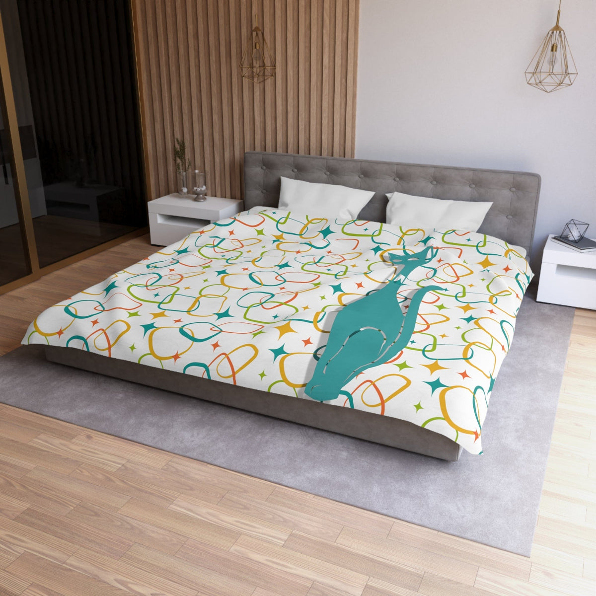 Mid Century Modern, Simple Modernist Atomic Cat, Geometric Retro MCM Microfiber Duvet Cover Home Decor King / White