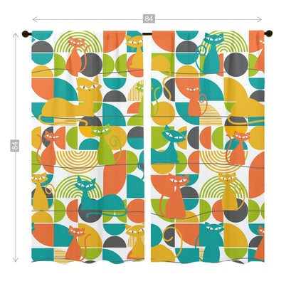 Kitschy Atomic Cats, Orange, Teal, Green, Harvest Yellow, Mod Retro Window Curtains (two panels) Curtains