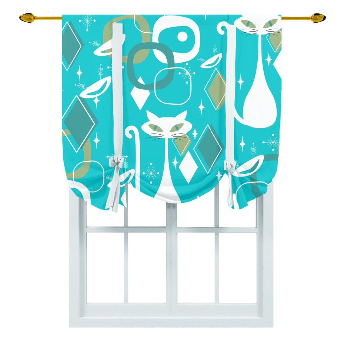 Kitschy Cats, Atomic Aqua, Mid Century Modern Tie Up Curtain Curtains