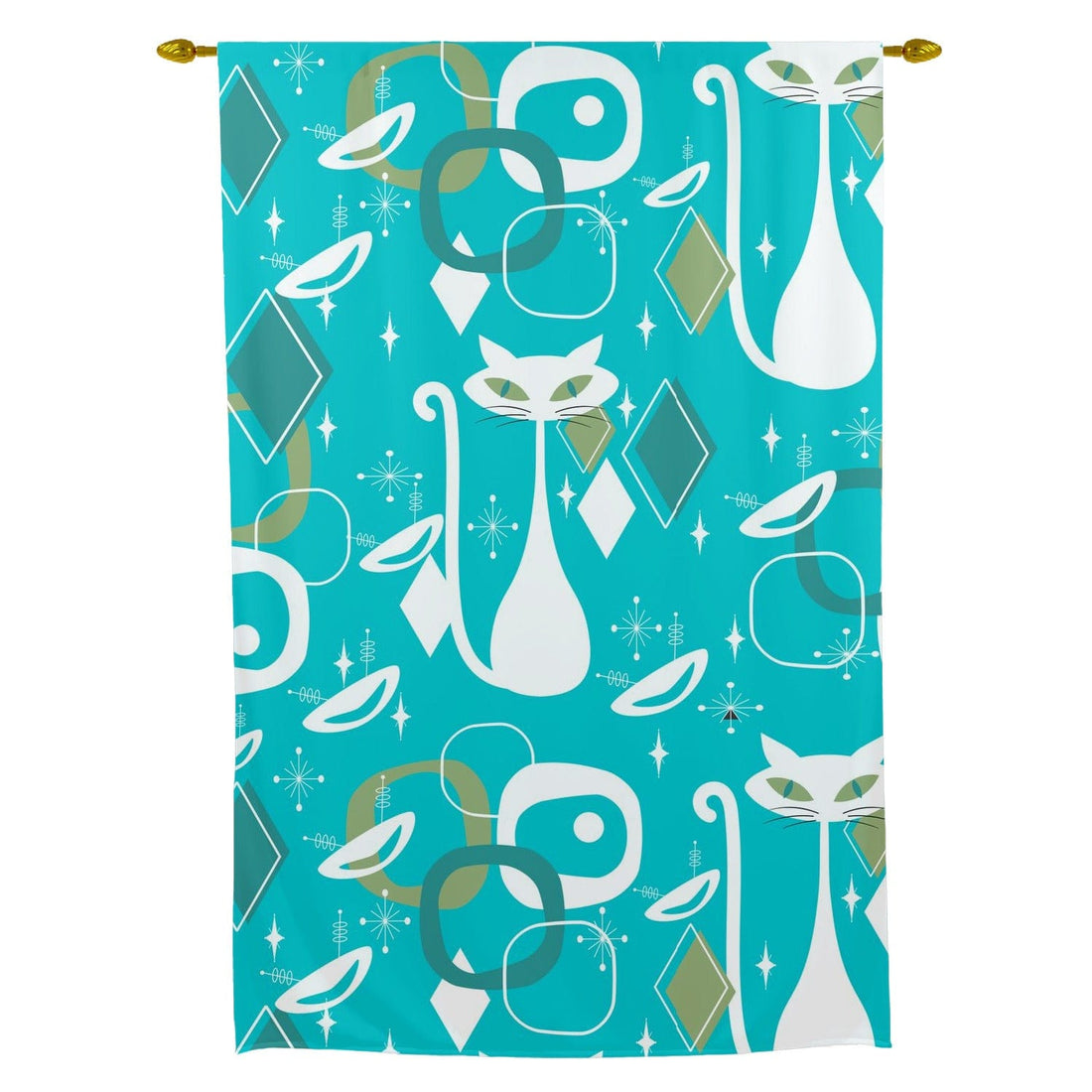 Kitschy Cats, Atomic Aqua, Mid Century Modern Tie Up Curtain Curtains