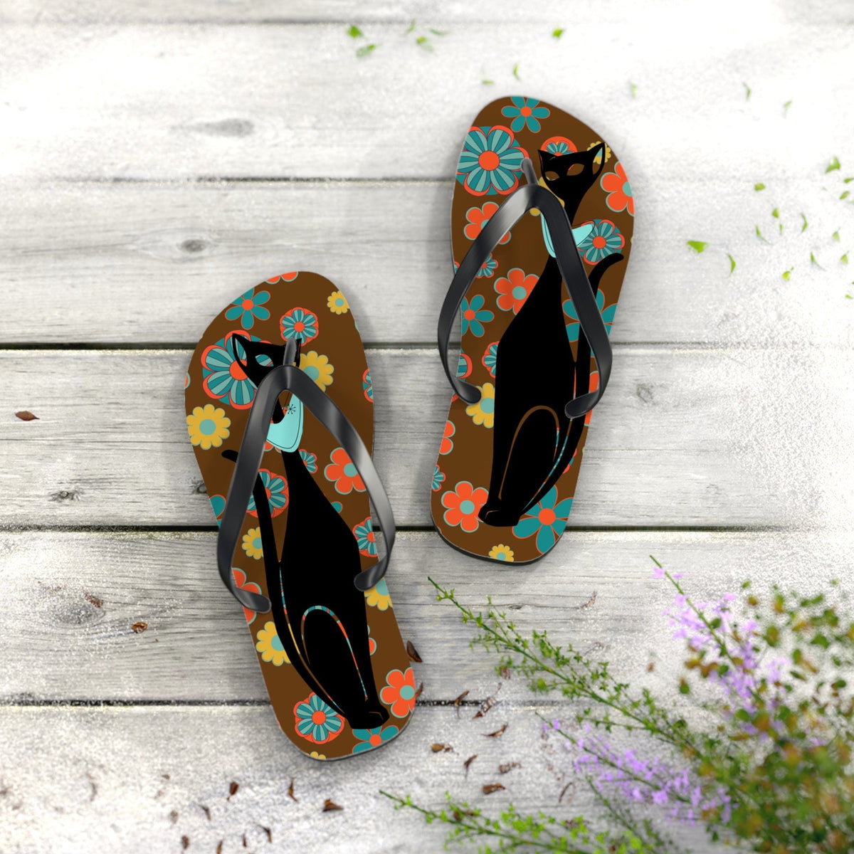 Flower Power Brown, Atomic Groovy, Retro Flip Flops Shoes L / Black sole