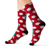 Christmas Socks, Red White, Polka Dot and Kitschy Crazy Atomic Cats  Socks All Over Prints L Mid Century Modern Gal