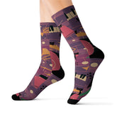 Crazy Socks, Atomic Jazz Cats, Retro Purple Music Socks All Over Prints L