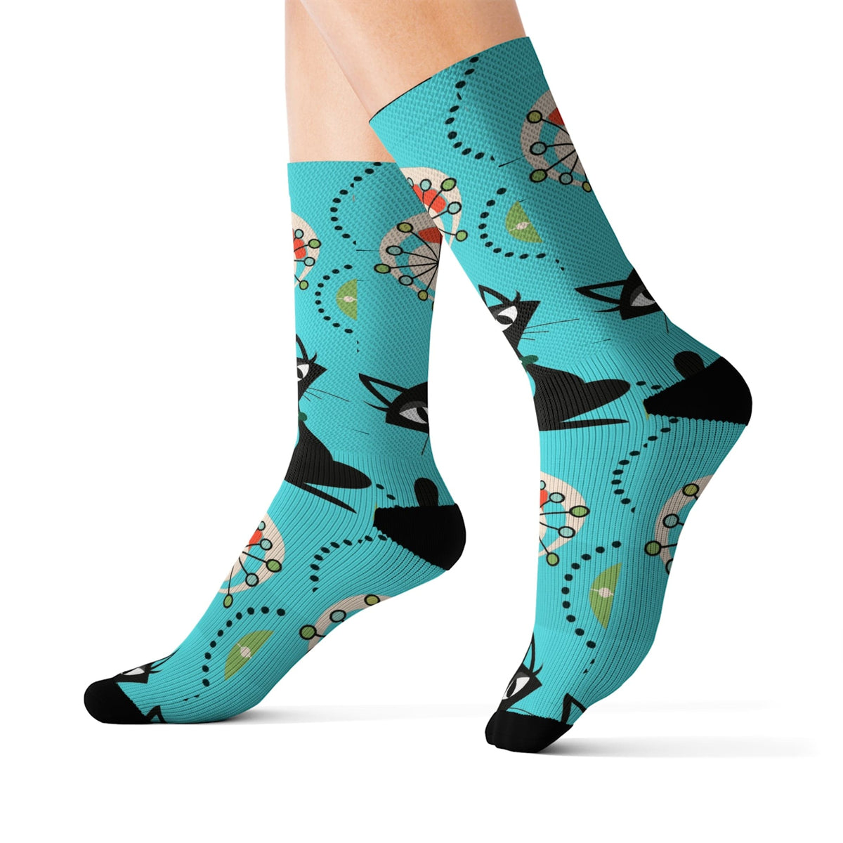 Atomic Cat, Aqua Blue, Retro Crazy Socks All Over Prints M
