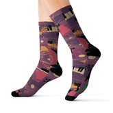 Crazy Socks, Atomic Jazz Cats, Retro Purple Music Socks All Over Prints M