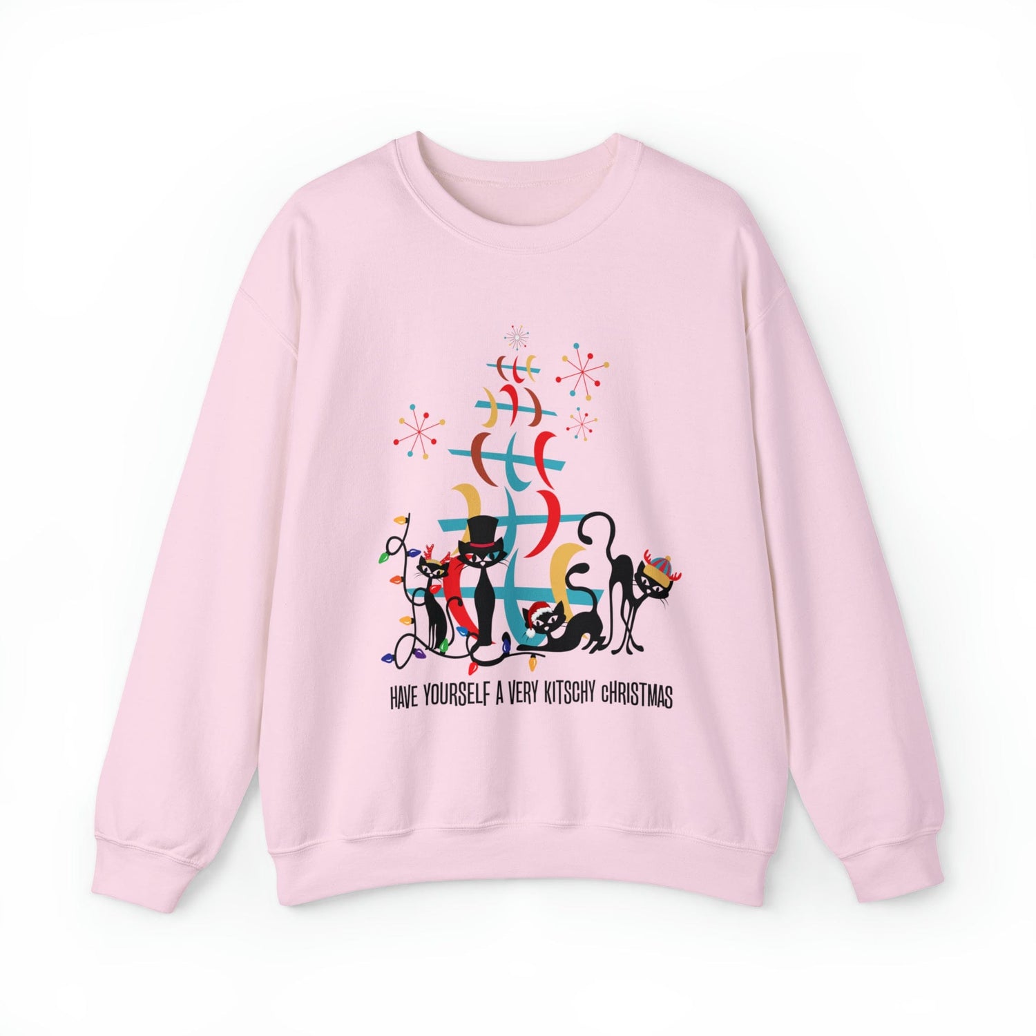 Atomic Cat Christmas Sweater, Have Yourself A Very Kitschy Christmas Cozy Loose Fit, Sweatshirt Sweatshirt M / Light Pink