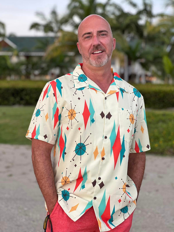 Men's Hawaiian Shirt, MCM Retro, Starburst, Beige, Teal, Yellow, Astro Century Mid Modern Casual Summer Party Shirt