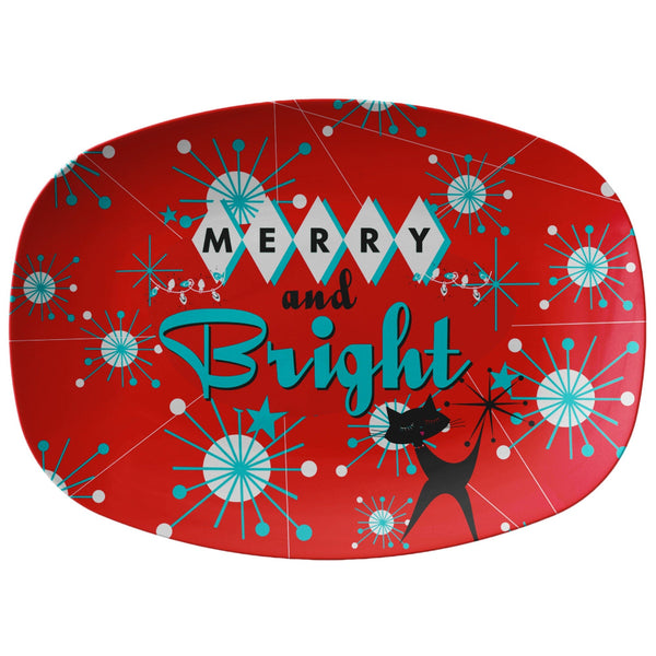 Merry And Bright, Mid Century Modern Christmas Platter, Red, Aqua Kitchy Cat Retro Dinnerware