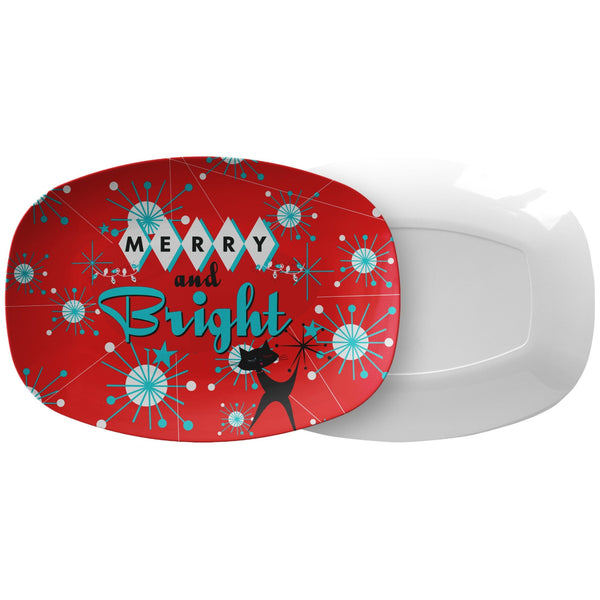 Merry And Bright, Mid Century Modern Christmas Platter, Red, Aqua Kitchy Cat Retro Dinnerware