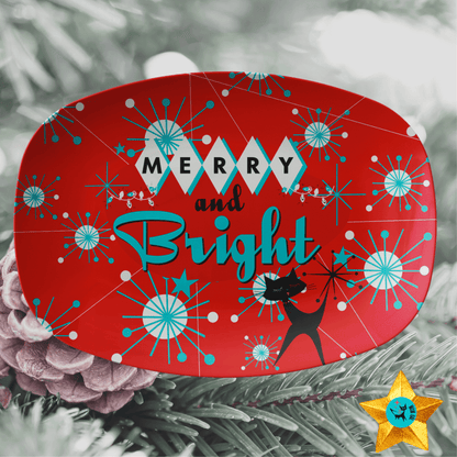 Merry And Bright, Mid Century Modern Christmas Platter, Red, Aqua Kitchy Cat Retro Dinnerware Kitchenware