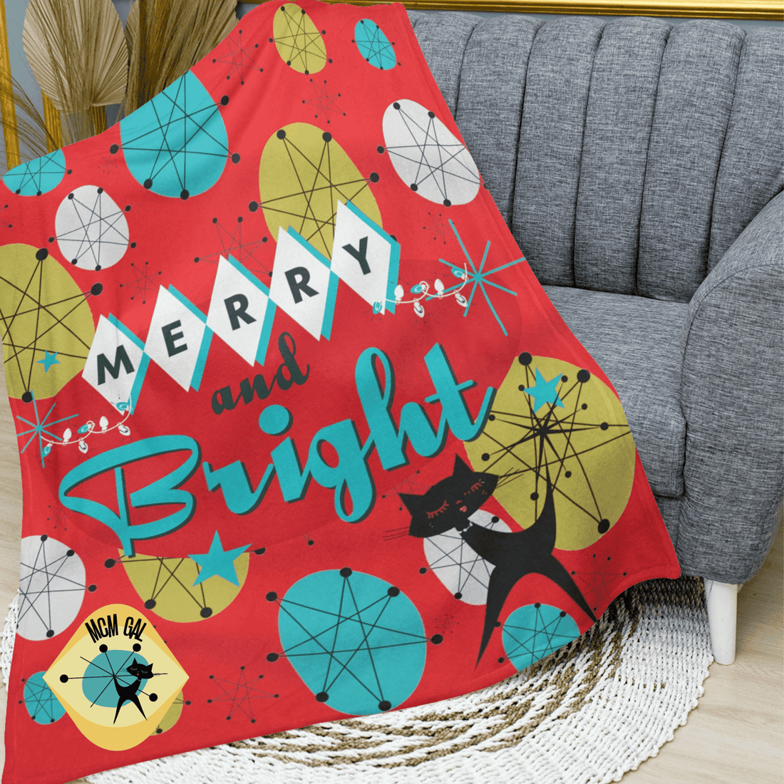 Mid Century Atomic Christmas Blanket, Red, Atomic Cat, Starburst Franciscan Pattern Sherpa Fleece Blanket Home Decor